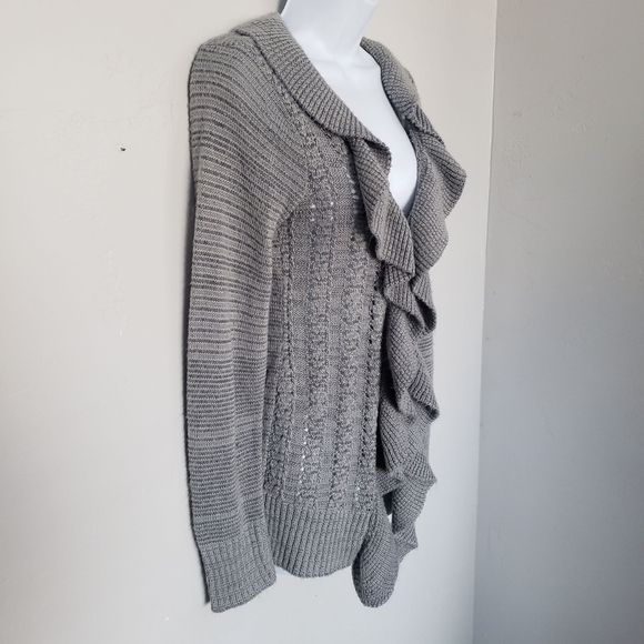 Grey Sweater Knit Long Sleeve Cardigan Draped Ruffle Girly Feminine Layering Top - Picture 5 of 8